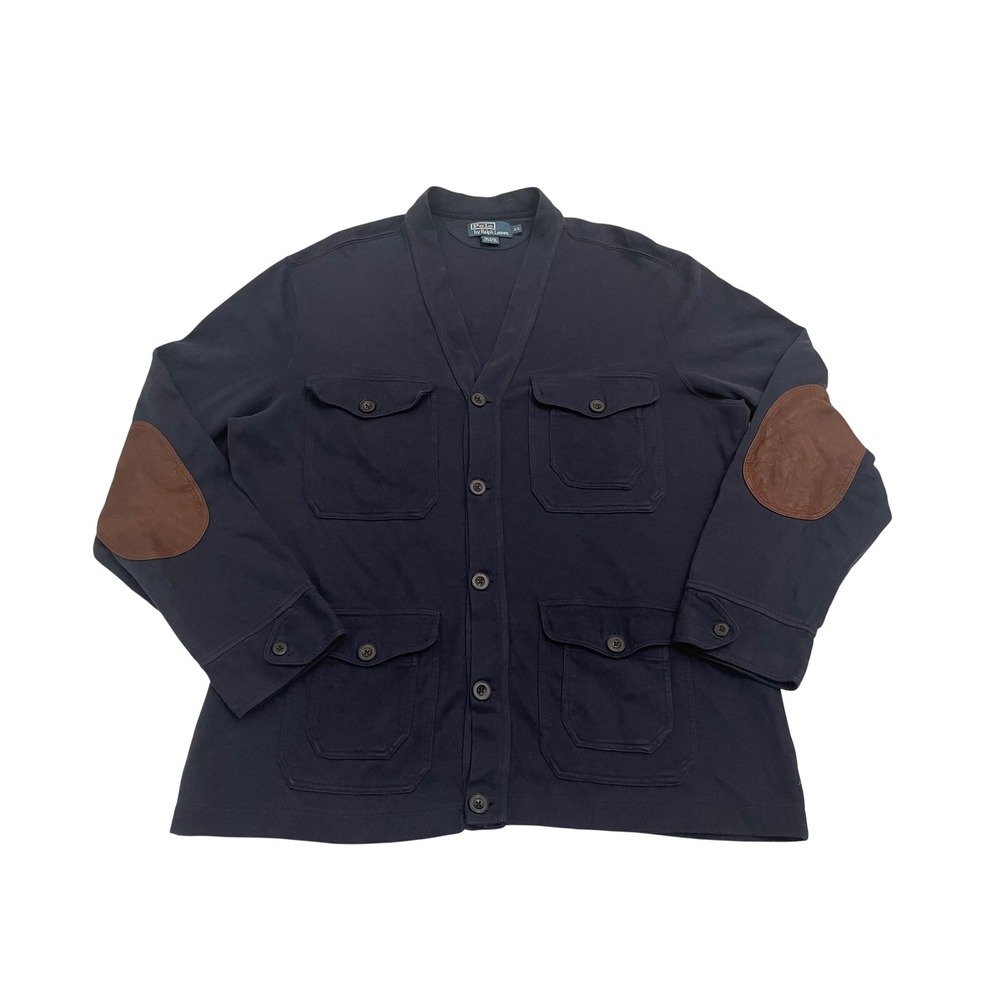 Vintage Polo Ralph Lauren Cardigan XL Blue Utility Pockets Leather Elbow Patches